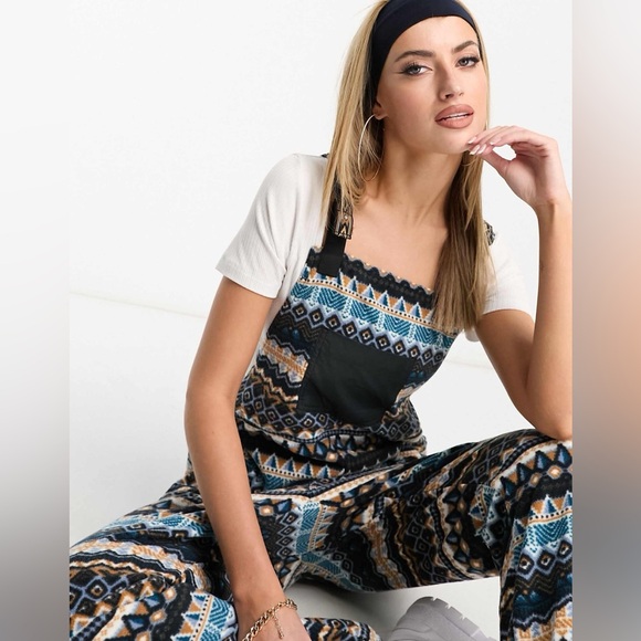 KAVU Pocatello Fleece Bib Overalls S Heritage Winds Fair Isle Nordic Snow Ski - Picture 2 of 15